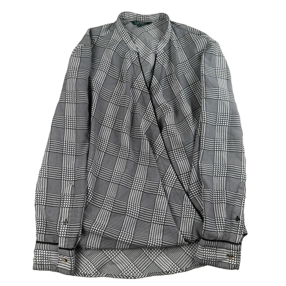 Lauren Ralph Lauren Blouse Womens L Black White Plaid Tie Neck Long Sleeve